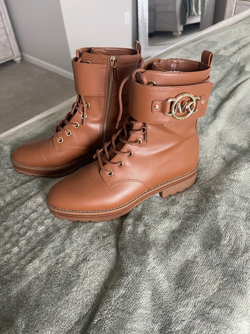 Michael Kors Cognac Lace-Up Combat Boots with Gold MK Emblem